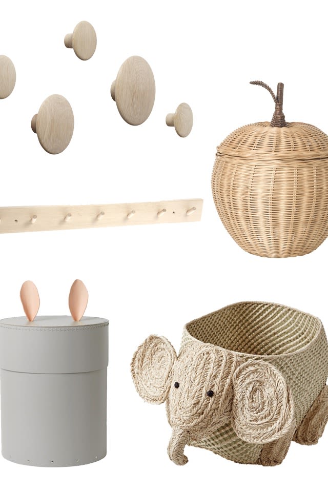 Collage von Aufbewahrungsideen für das Kinderzimmer mit Haken und tierähnlichen Aufbewahrungskörben. 