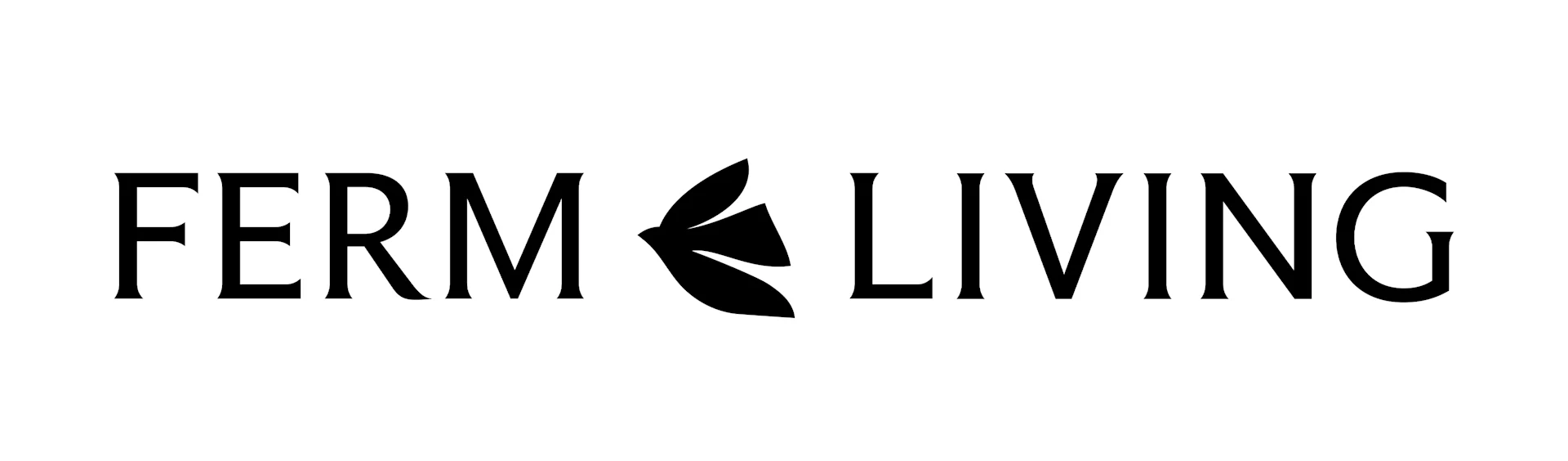 FERM LIVING Logo mit einem stilisierten Blattdesign zwischen den Wörtern.