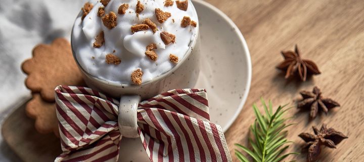 Einfache Weihnachtscocktails: Bieten Sie Ihren Freunden und Ihrer Familie dieses Jahr einen einfachen, festlichen Weihnachtscocktail an. Hier sehen Sie die Tasse und Untertasse Freckle von Scandi Living mit der Serviette Lines von Cooee Design.