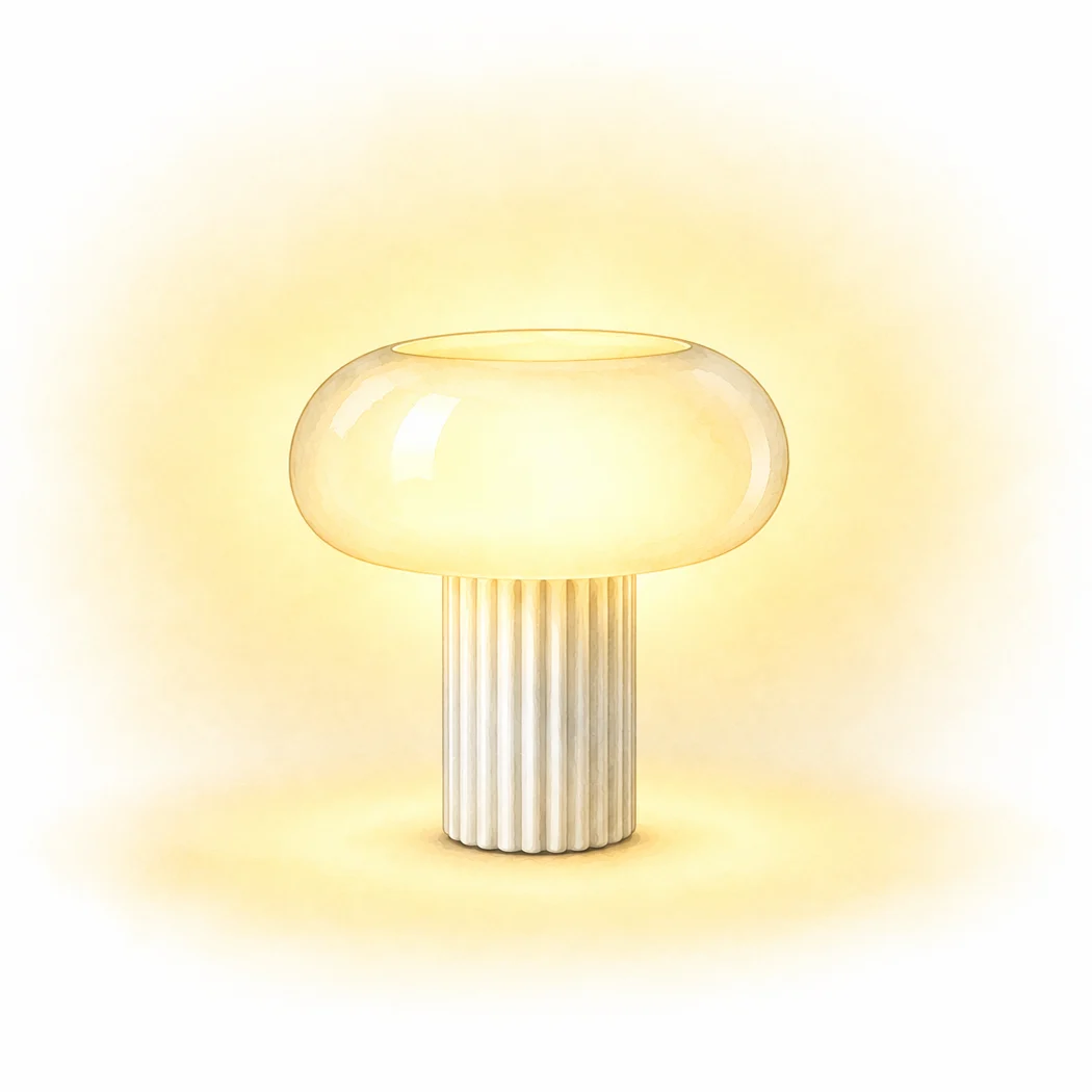 Pilzförmige Tischlampe mit einem leuchtenden, durchscheinenden runden Oberteil und einem gerippten zylindrischen Sockel.