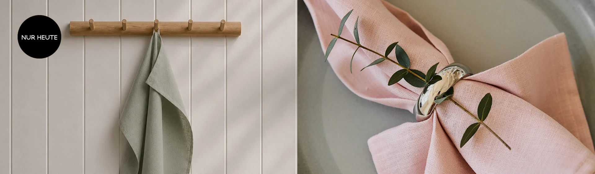 Links: Hellgrünes Handtuch an Holzhakenleiste. Rechts: Rosa Leinenserviette mit Serviettenring und Eukalyptuszweig auf grauem Teller.