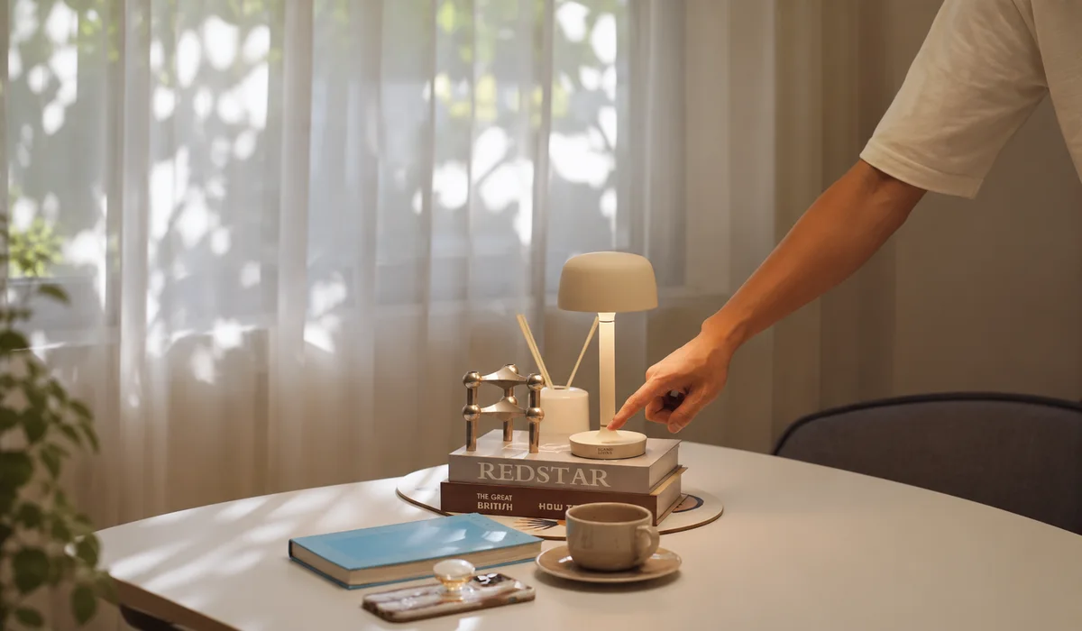 Eine Hand drückt einen Knopf an einer minimalistischen beigen Akku-Tischlampe, die Licht auf Bücher, einen goldenen Kerzenhalter und einen Diffusor wirft.