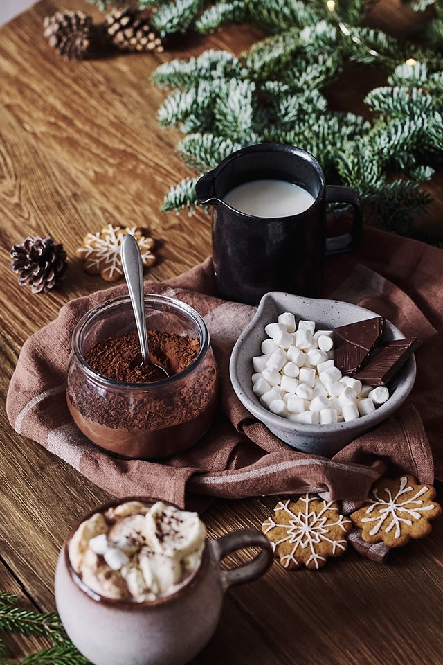 Zutaten für eine hausgemachte heiße Schokolade wie Kakao, Milch und Mini-Marshmallows stehen in einer kleinen Schale bereit.