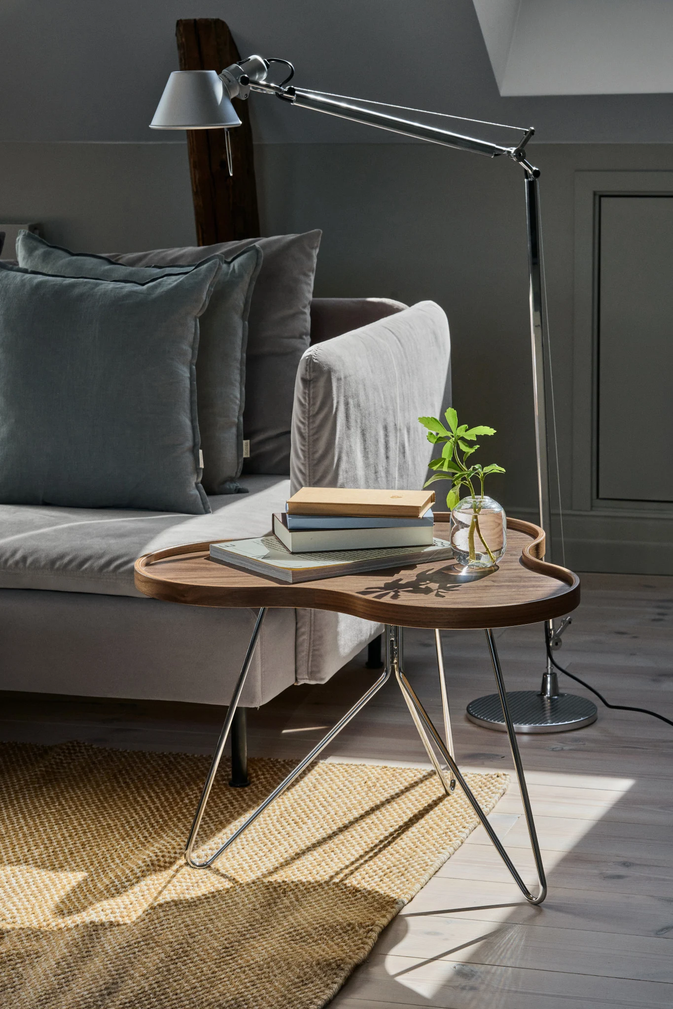 Ein graues Sofa, ein gebogener Holznebentisch mit Büchern und einer Pflanze sowie eine silberne Stehlampe auf einem gewebten Teppich.