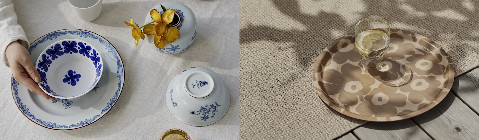 Zwei Szenen: links, eine Hand hält eine blau-weiß gemusterte Schale auf einem passenden Teller mit Blumenvase; rechts, ein gemustertes Tablett mit Zitronenwasser.