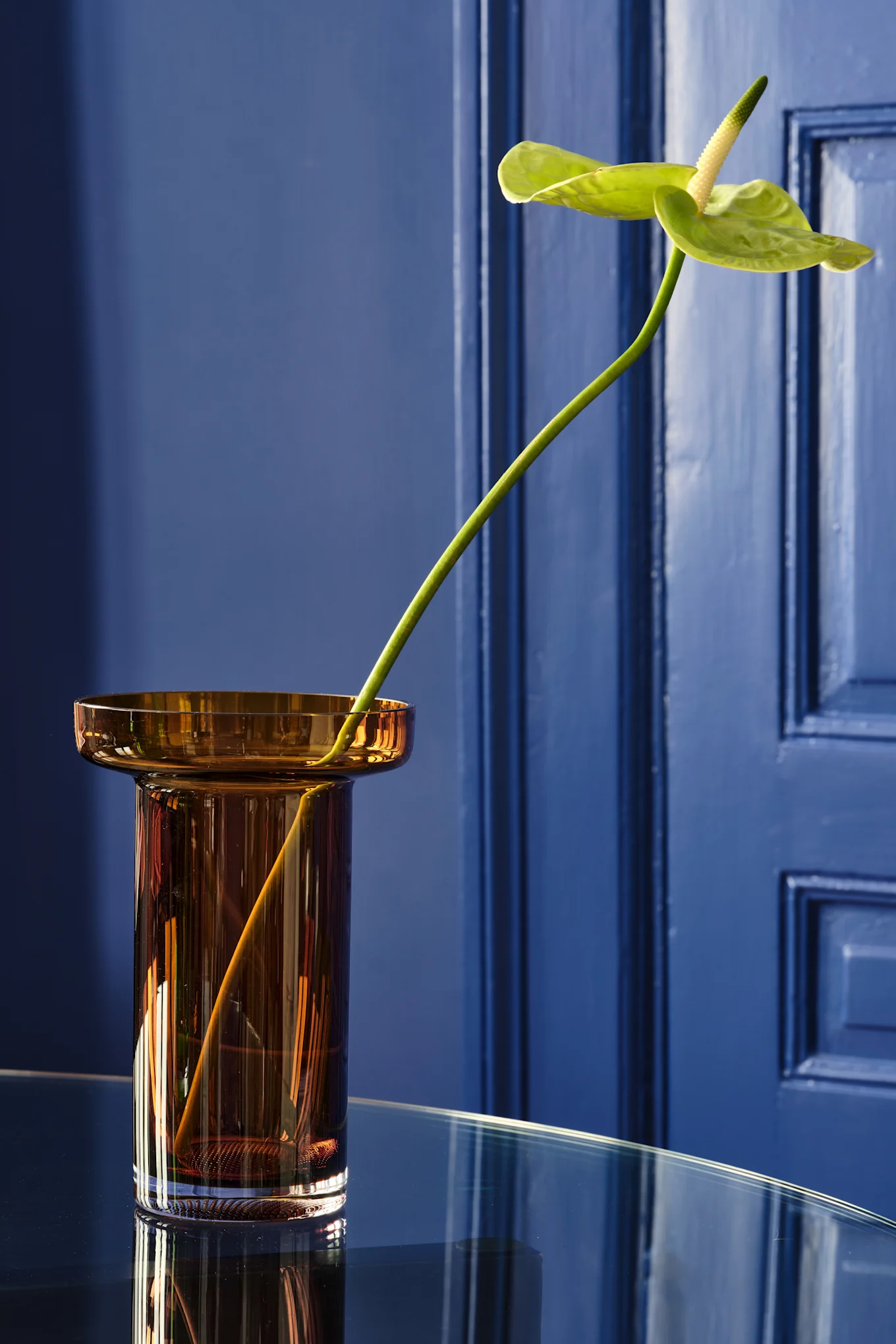 Hier sehen Sie die Limelight Rose Vase 23 cm von Kosta Boda in einem blauen Wohnzimmer.