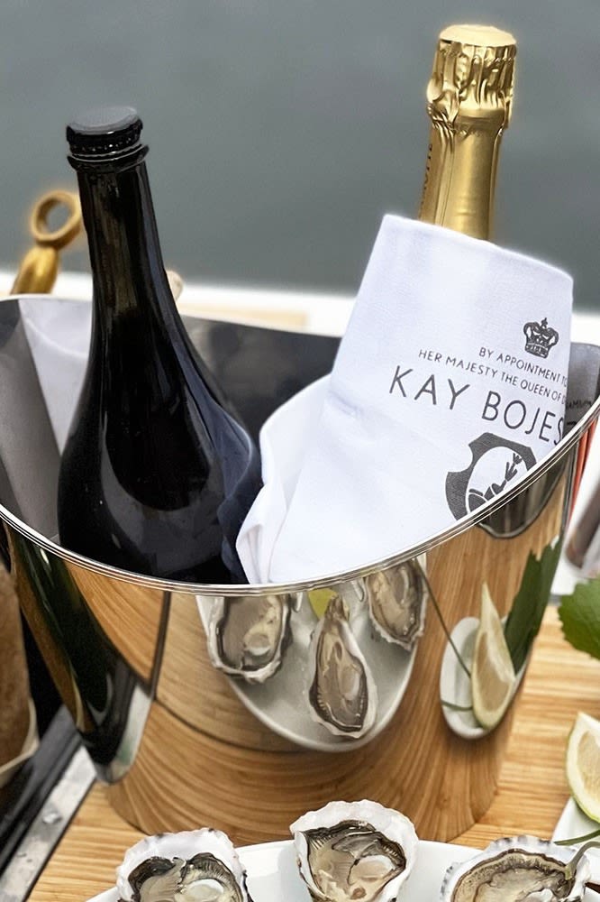 Hier sehen Sie den COOLER Weinkühler von Kay Bojesen mit zwei Champagnerflaschen darin.
