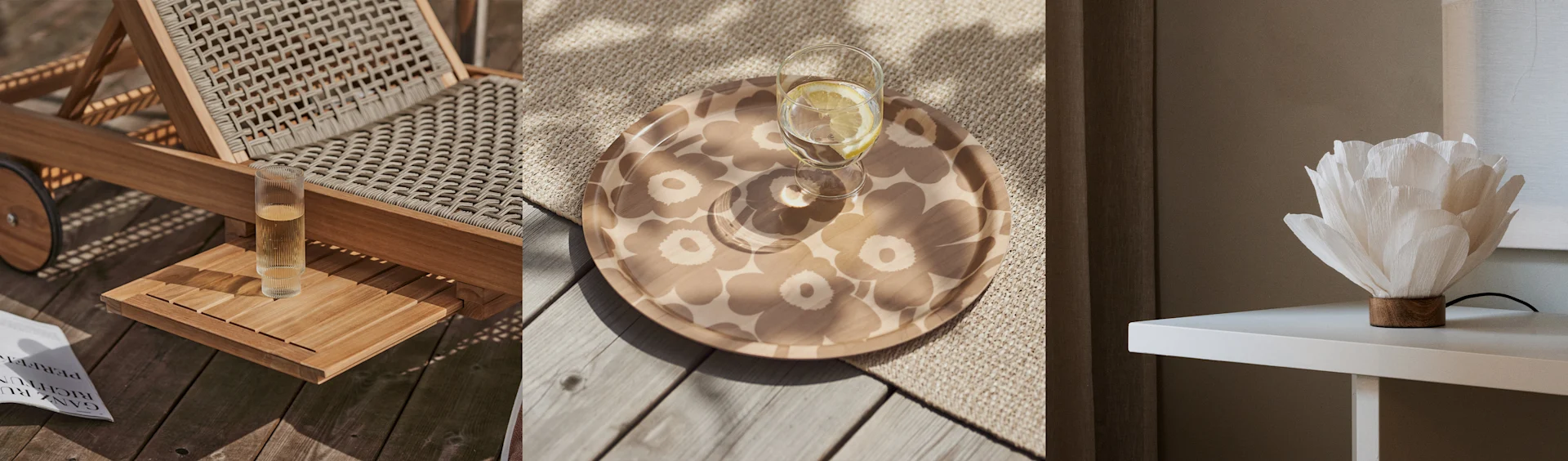 Drei vertikale Felder. Links: Geflochtener Liegestuhl, Glas, Magazin auf Holzterrasse. Mitte: Blumiges Tablett mit Getränk. Rechts: Weiße Blumenlampe.