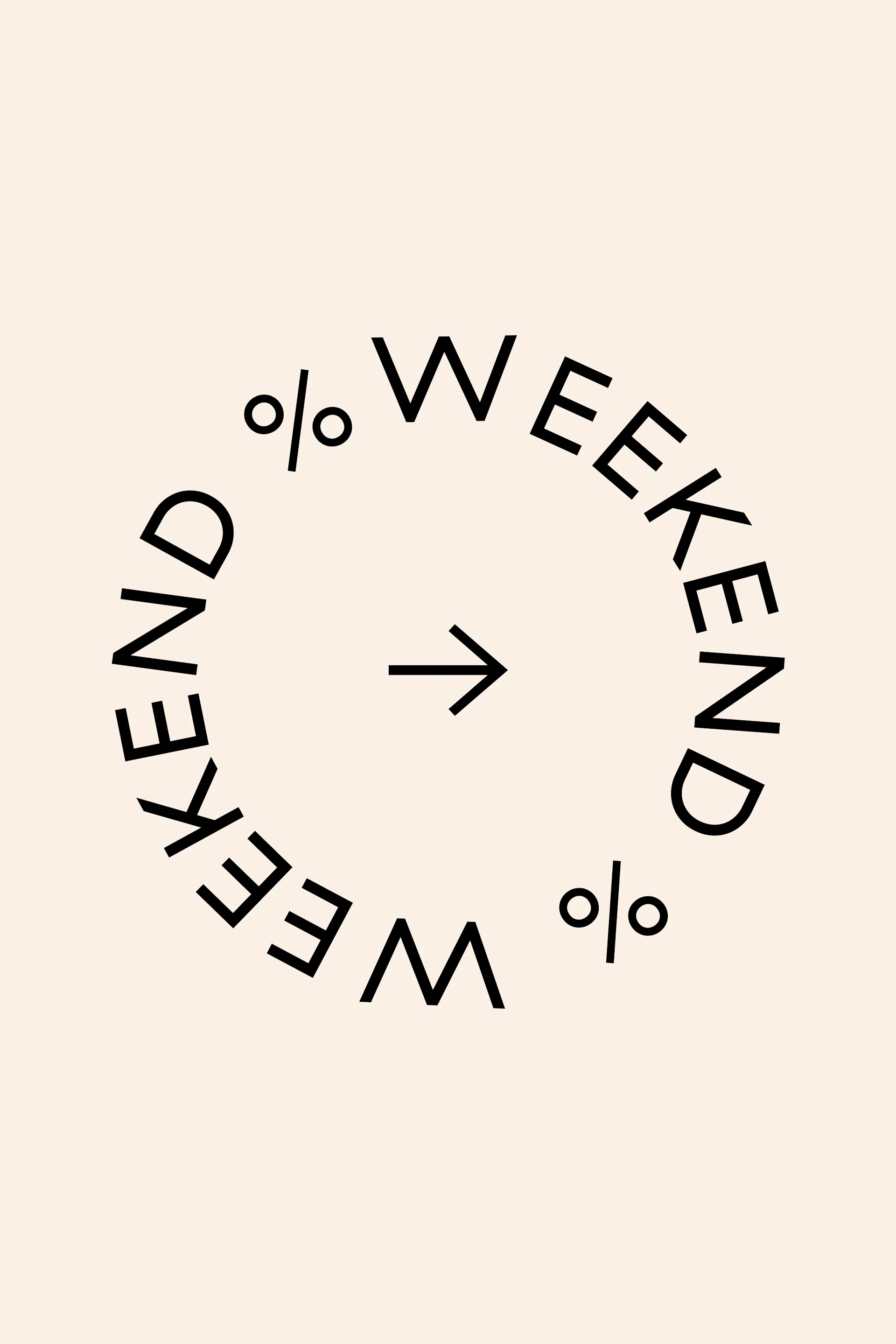 Text "WEEKEND" und Prozentzeichen kreisförmig angeordnet, mit einem nach rechts zeigenden Pfeil in der Mitte.