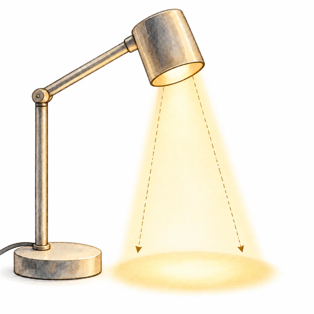 Eine Aquarellzeichnung einer eingeschalteten Schreibtischlampe, die einen ovalen Lichtkegel auf einer Oberfläche erzeugt.