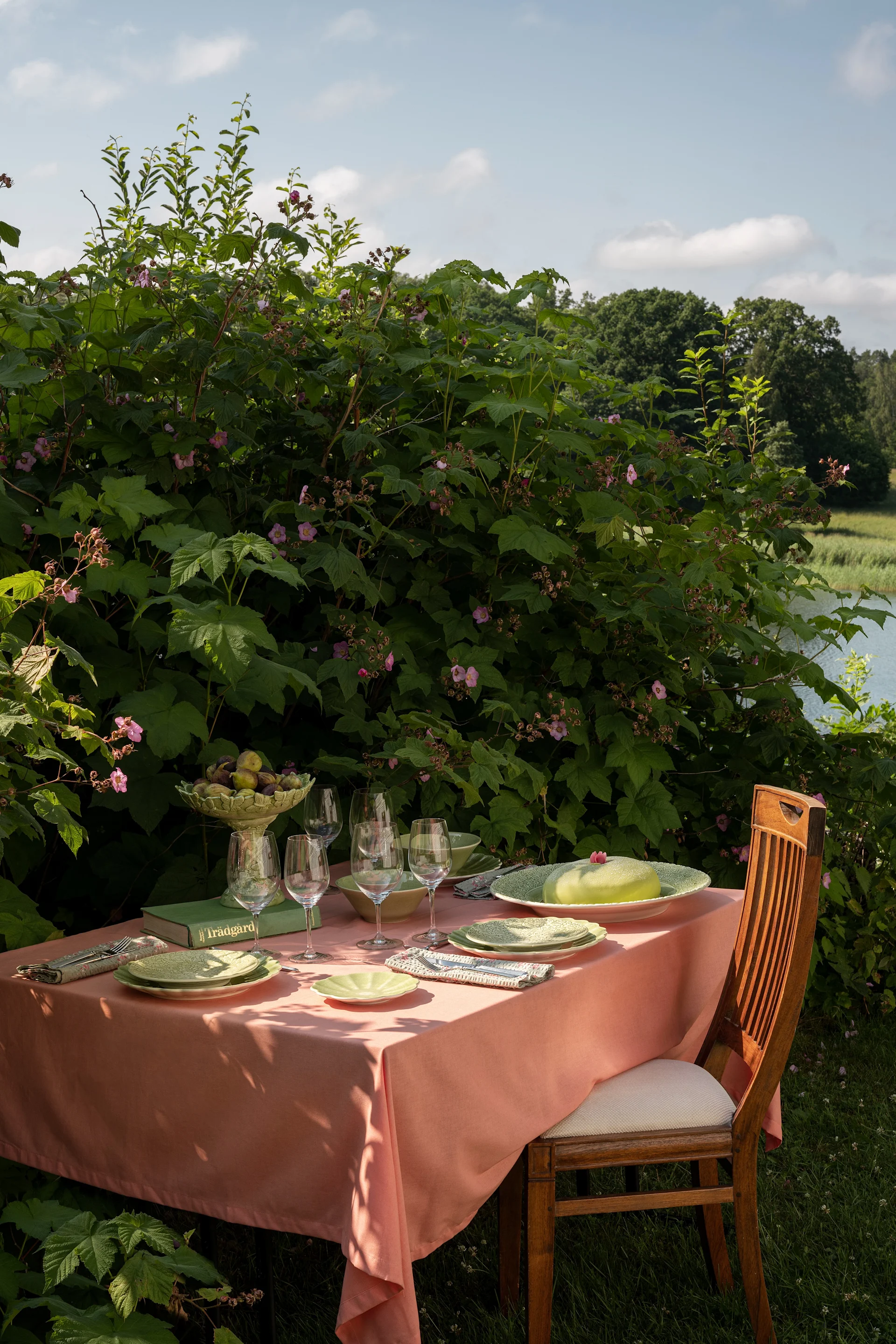 Gedeckter Tisch im Freien mit pfirsichfarbener Tischdecke, grünen Tellern, Feigen und Weingläsern am See.