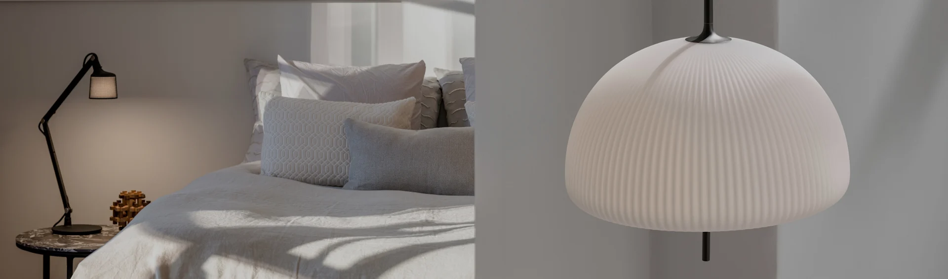 Schlafzimmer mit schwarzer Tischlampe, beleuchtetem Bett mit Kissen, und einer weißen gerippten Hängelampe.