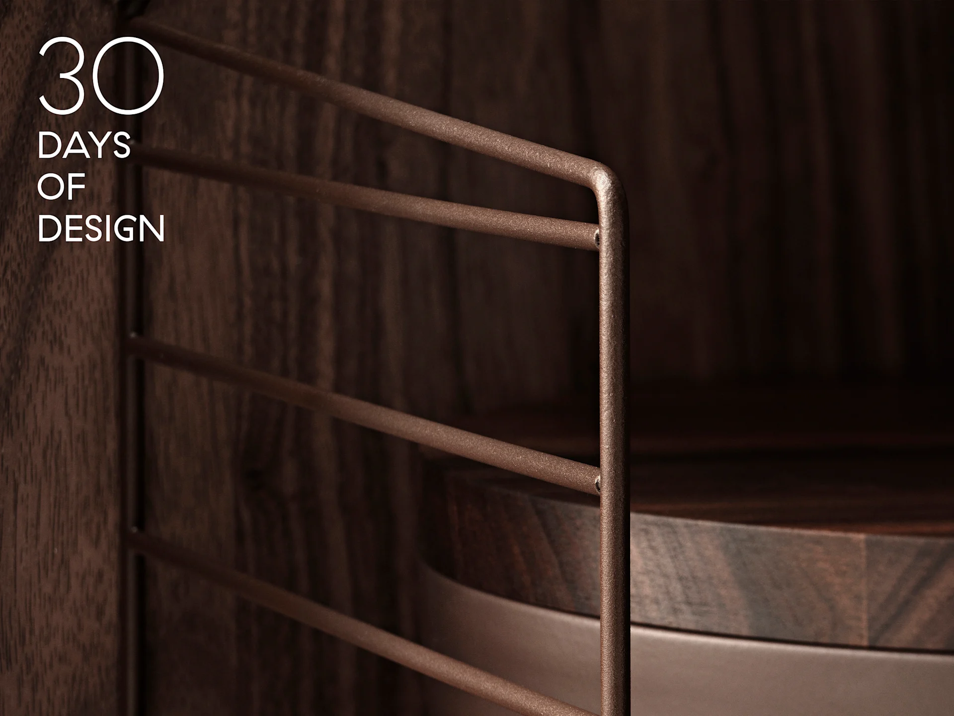 Text '30 DAYS OF DESIGN' über dunklem Holzschrank mit strukturiertem braunen Metallgitter und runder Holzablage.