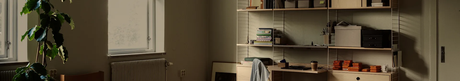 Ein ordentliches Heimbüro mit einer großen Pflanze am Fenster und einem Holzregal mit Büchern, Boxen und orangefarbenen externen Festplatten.