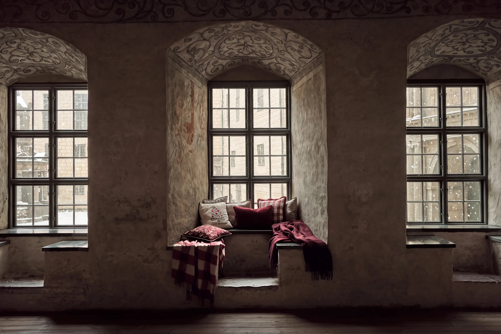 Gemütlicher Fenstersitz in einem historischen Gebäude mit verzierten Wänden und Schneefall draußen.