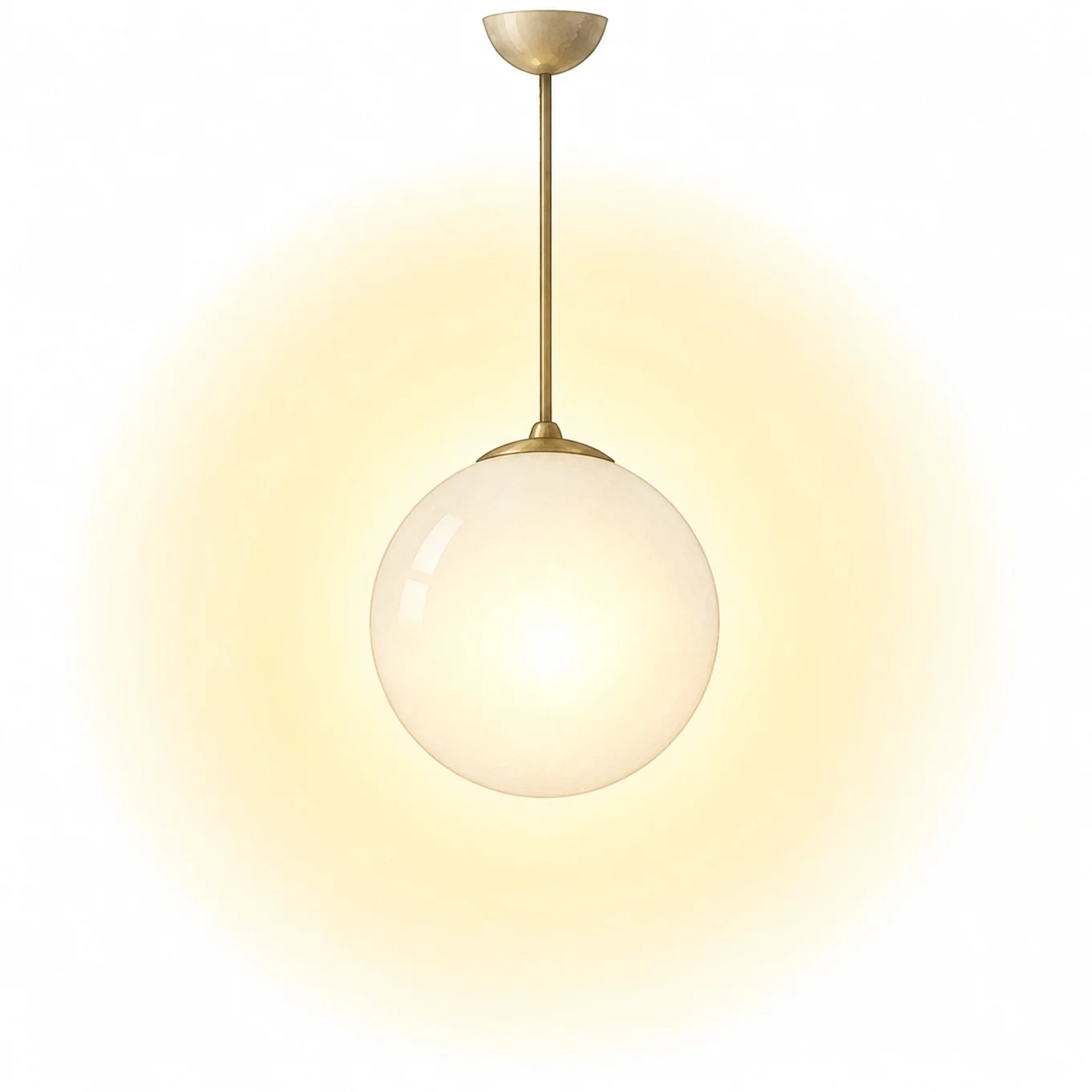 Moderne Pendelleuchte mit leuchtendem, kugelförmigem weißem Glasschirm und messingfarbener Stange, strahlt warmes Licht aus.