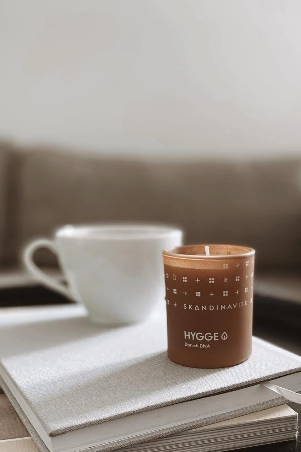 Eine Duftkerze wie die Hygge-Kerze von Skandinavisk, die hier auf einem Stapel Bücher auf einem Couchtisch steht, ist ein tolles Geschenk zum Valentinstag für gemütliche Abende.