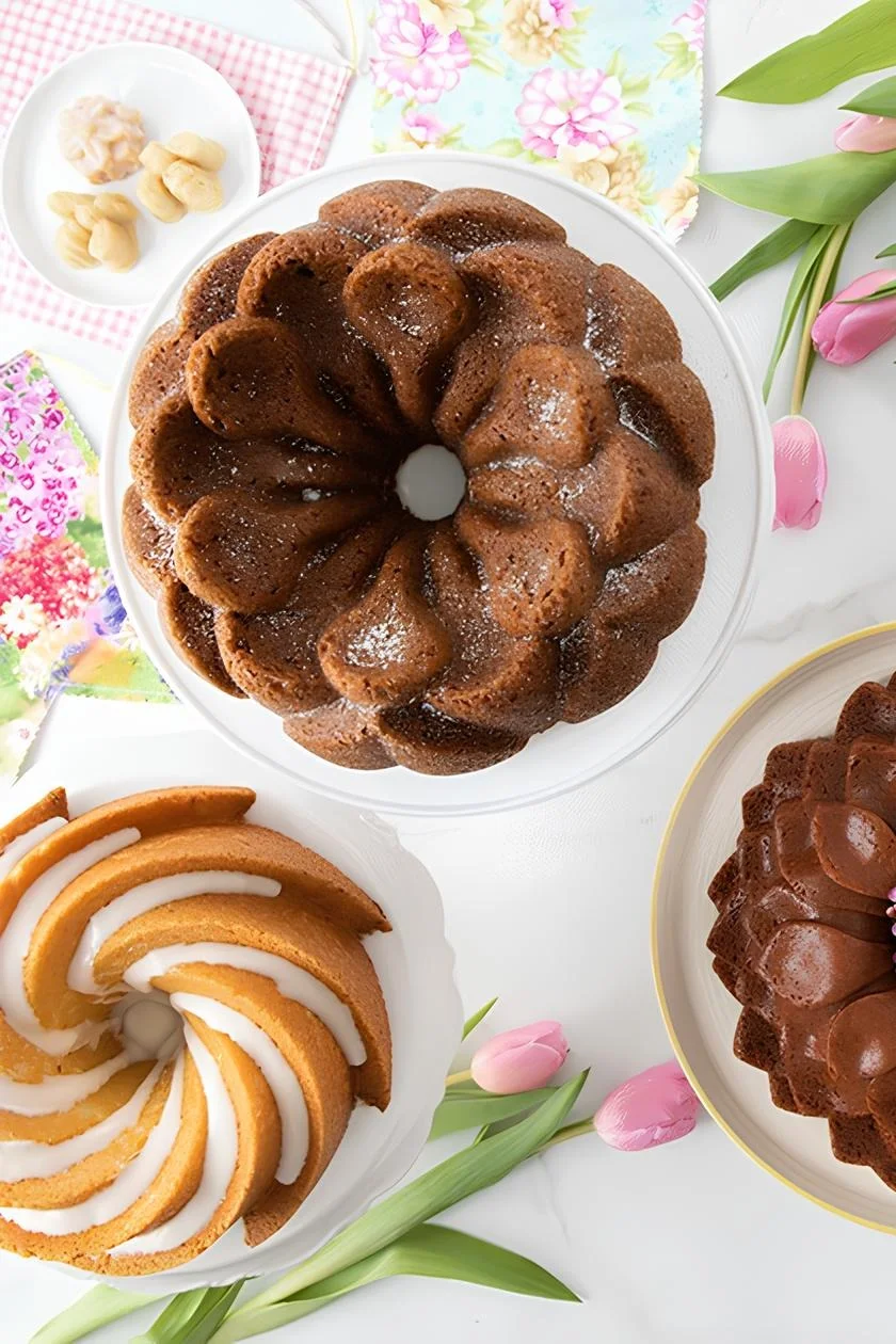 Mit den Backformen von Nordic Ware, hier die heritage bundt und die magnolia bundt Backform, zaubern Sie im Handumdrehen hübsche Kuchen für Ihren Ostertisch.