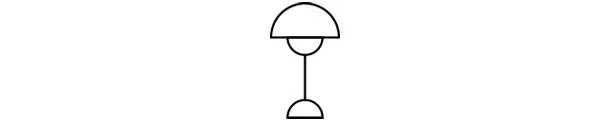 Eine einfache Strichzeichnung einer Tischlampe mit einem kuppelförmigen Schirm und einem halbkreisförmigen Sockel.