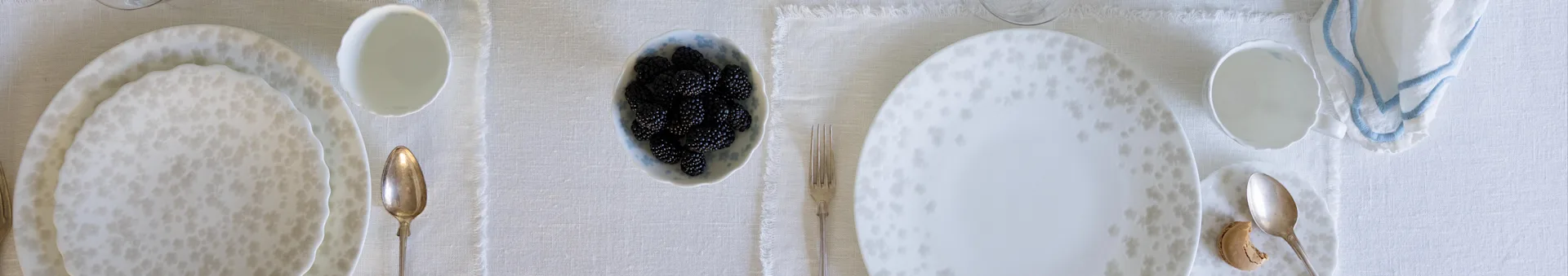 Draufsicht auf einen gedeckten Esstisch für zwei mit gemusterten weißen Tellern, Besteck, Brombeeren und einer blau umrandeten Serviette.