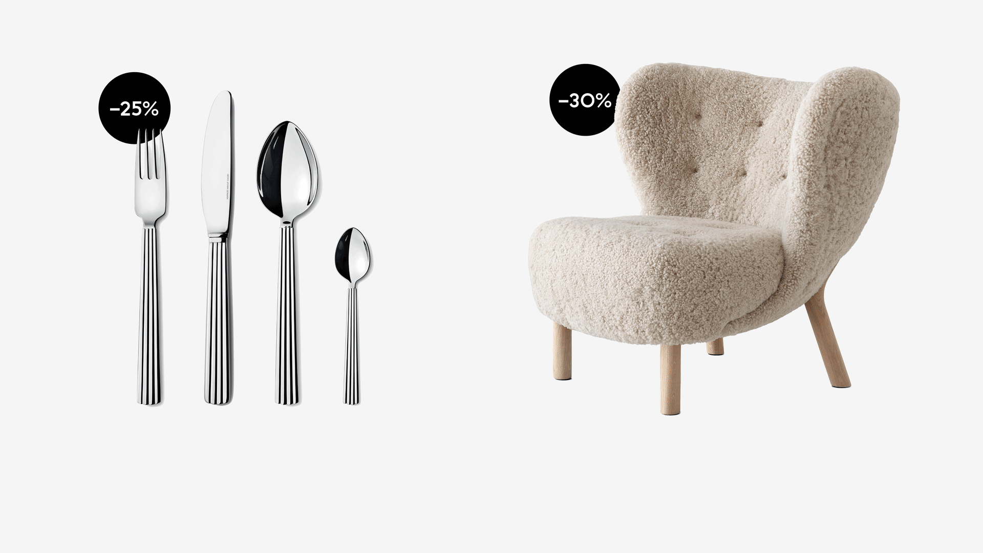 Silbernes Besteckset (Gabel, Messer, zwei Löffel) mit 25% Rabatt und ein cremefarbener strukturierter Sessel mit Holzbeinen, 30% Rabatt.