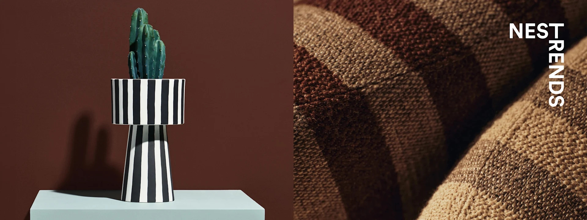 Grüner Kaktus in schwarz-weiß gestreifter Vase auf hellblauem Sockel, neben braun-beige gestreiftem Webstoff. Text: NEST TRENDS.