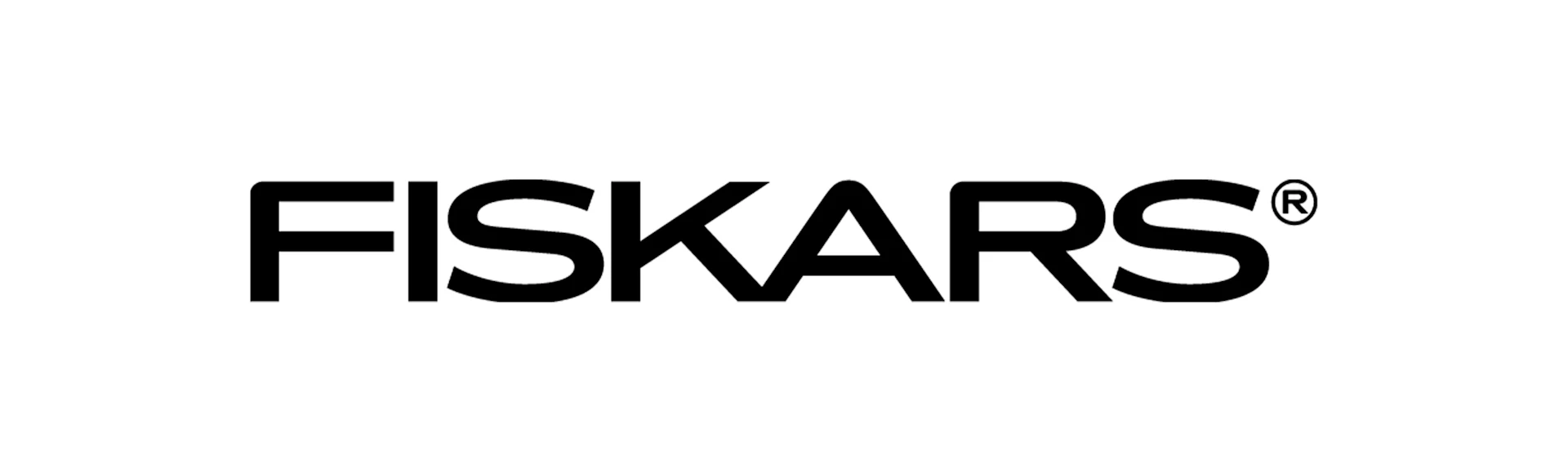 Fiskars-Logo, ein schwarzes, stilisiertes Wortzeichen mit einem eingetragenen Warenzeichensymbol.