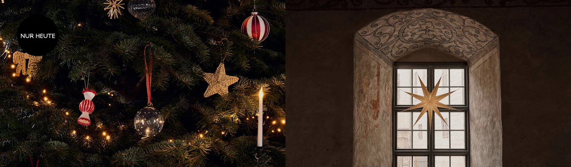 Ein geschmückter Weihnachtsbaum mit Lichtern, rot-weißen Ornamenten und einem „TODAY ONLY“-Etikett, neben einem antiken Bogenfenster mit einem großen goldenen Stern.