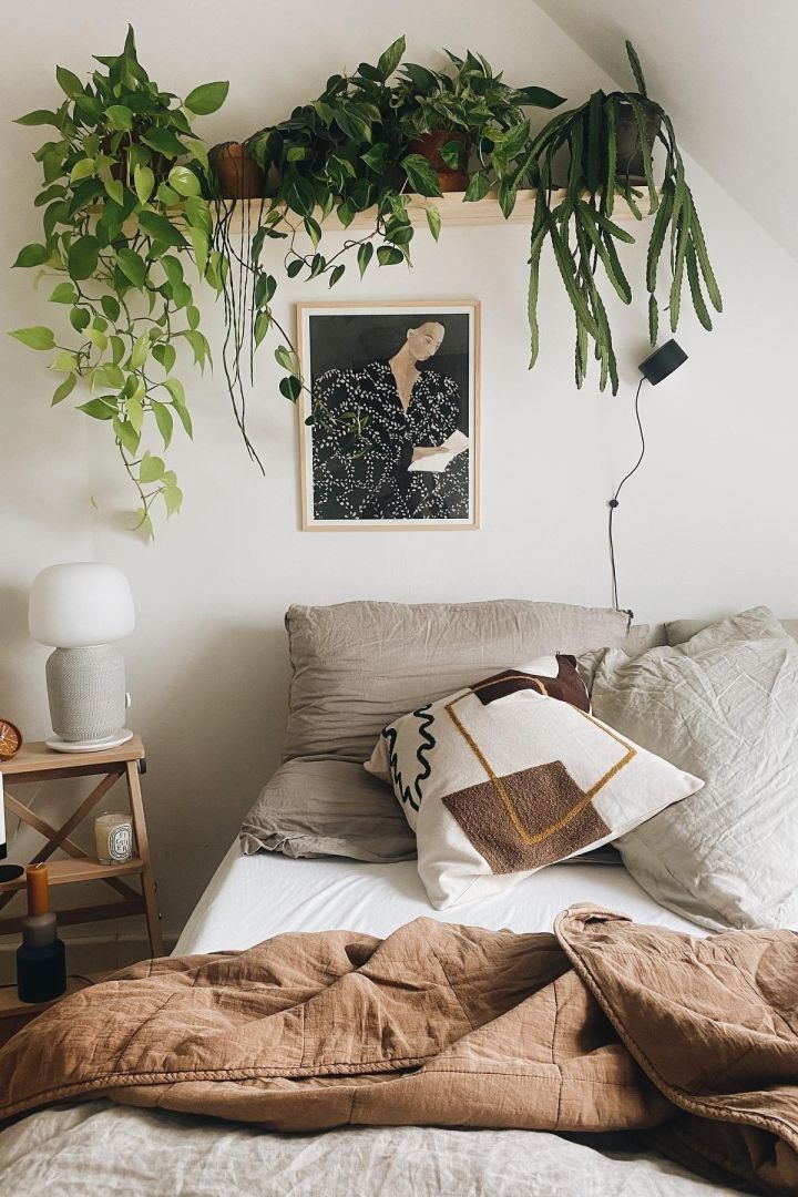 Boho und weitere Einrichtungsstile: Schaffen Sie mit Pflanzen und verschiedenen Braun- und Beigetönen ein gemütliches Schlafzimmer wie das der Instagram Userin @unterm.dach.
