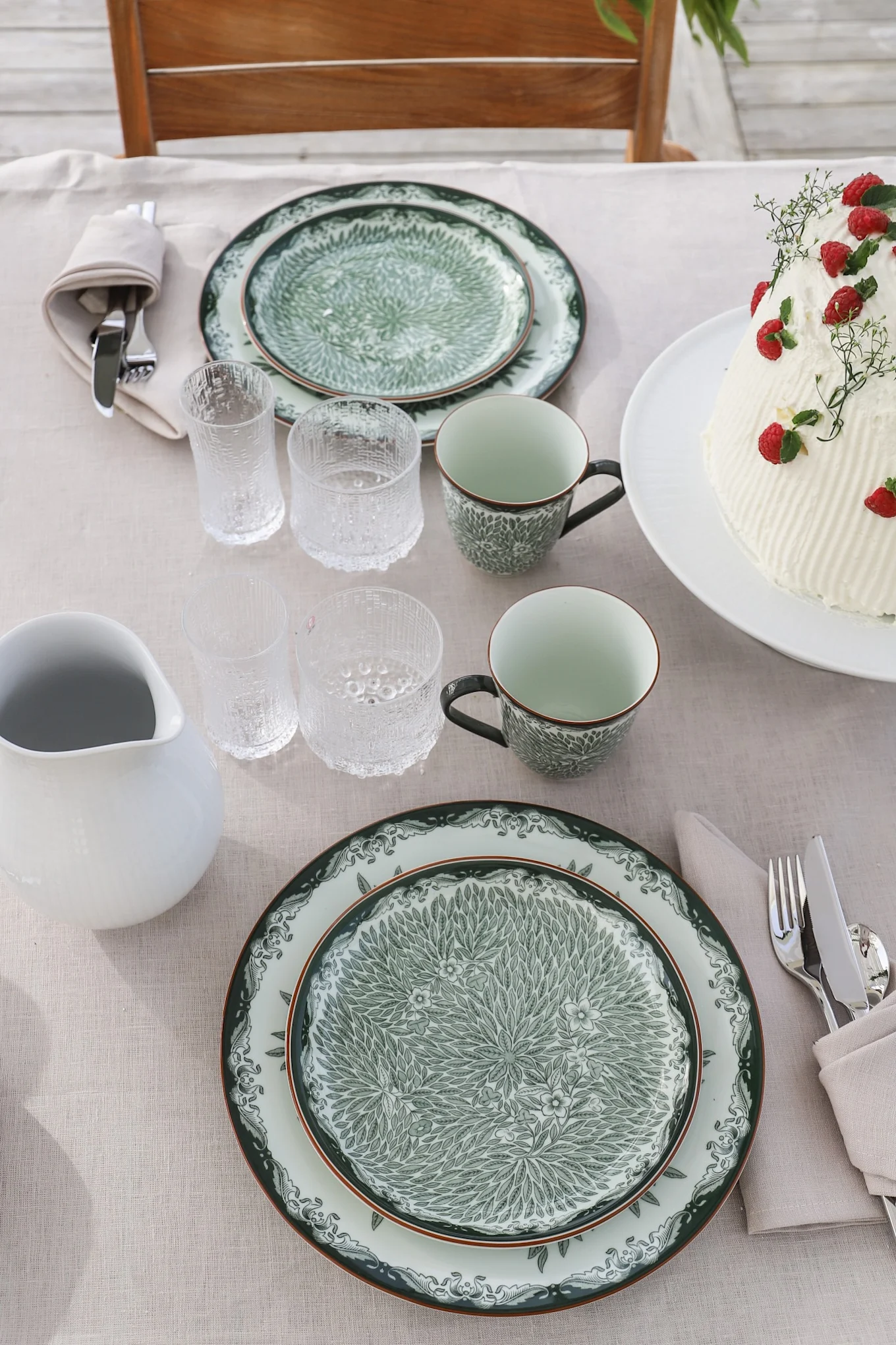 Traditionell wird an Midsommar in Schweden draußen gegessen. Decken Sie den Tisch in Grün-Weiß mit Ostindia- und Ostindia Floris-Geschirr von Rörstrend wie die Influencerin @3res.