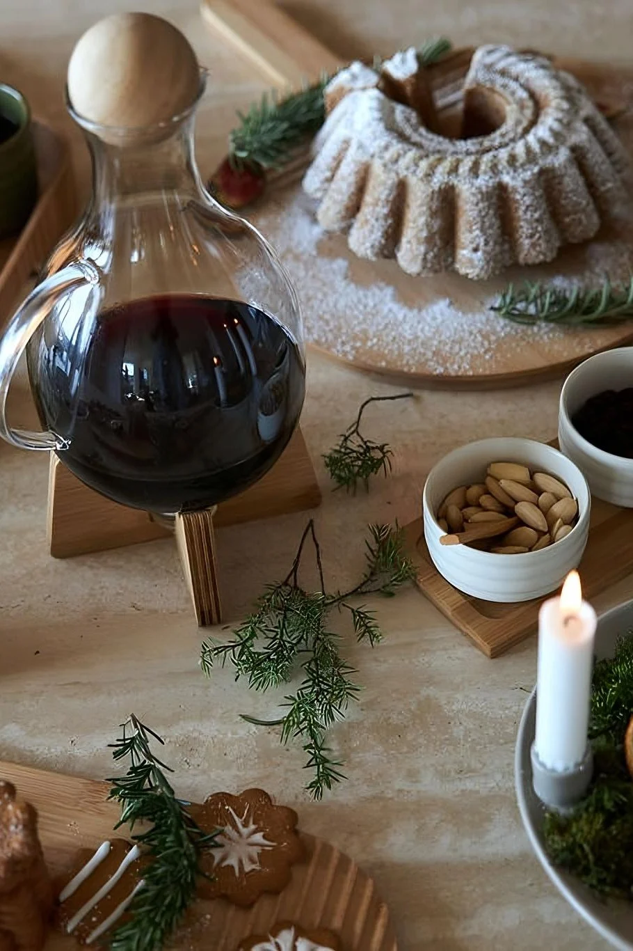 Schwedischer Glühwein, genannt Glögg, wird am besten in einer entsprechenden Kanne serviert. Hier sehen Sie die Nature Glöggkanne von Sagaform neben Kuchen und Kerzen auf einem Tisch stehen.