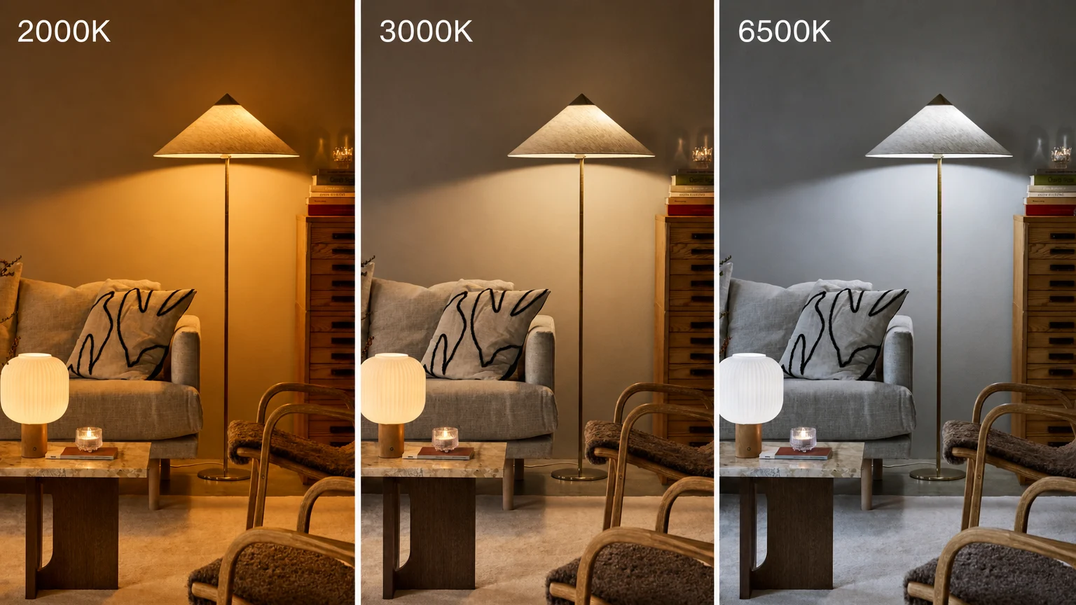 Ein Raum mit drei verschiedenen Lichtfarben. Links: 2000K warmgelbes Licht. Mitte: 3000K neutral warmes Licht. Rechts: 6500K kaltweißes Licht.