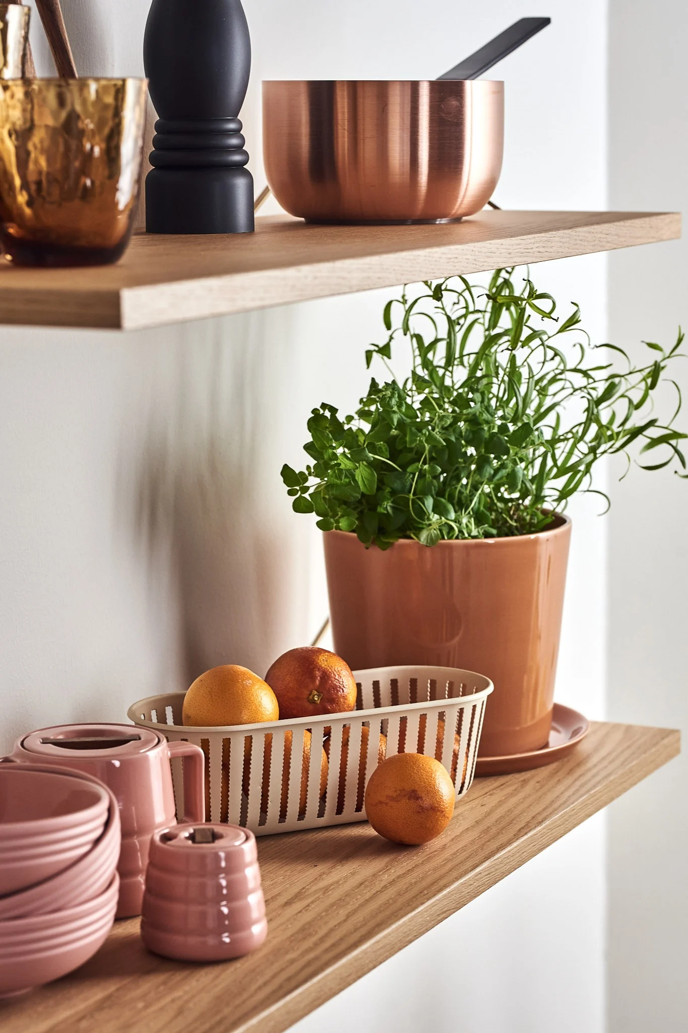 Maze Pythagoras Regal in Eiche mit rosa Porzellan, Topf, Kräutern und Zitrusfrüchten dekoriert.