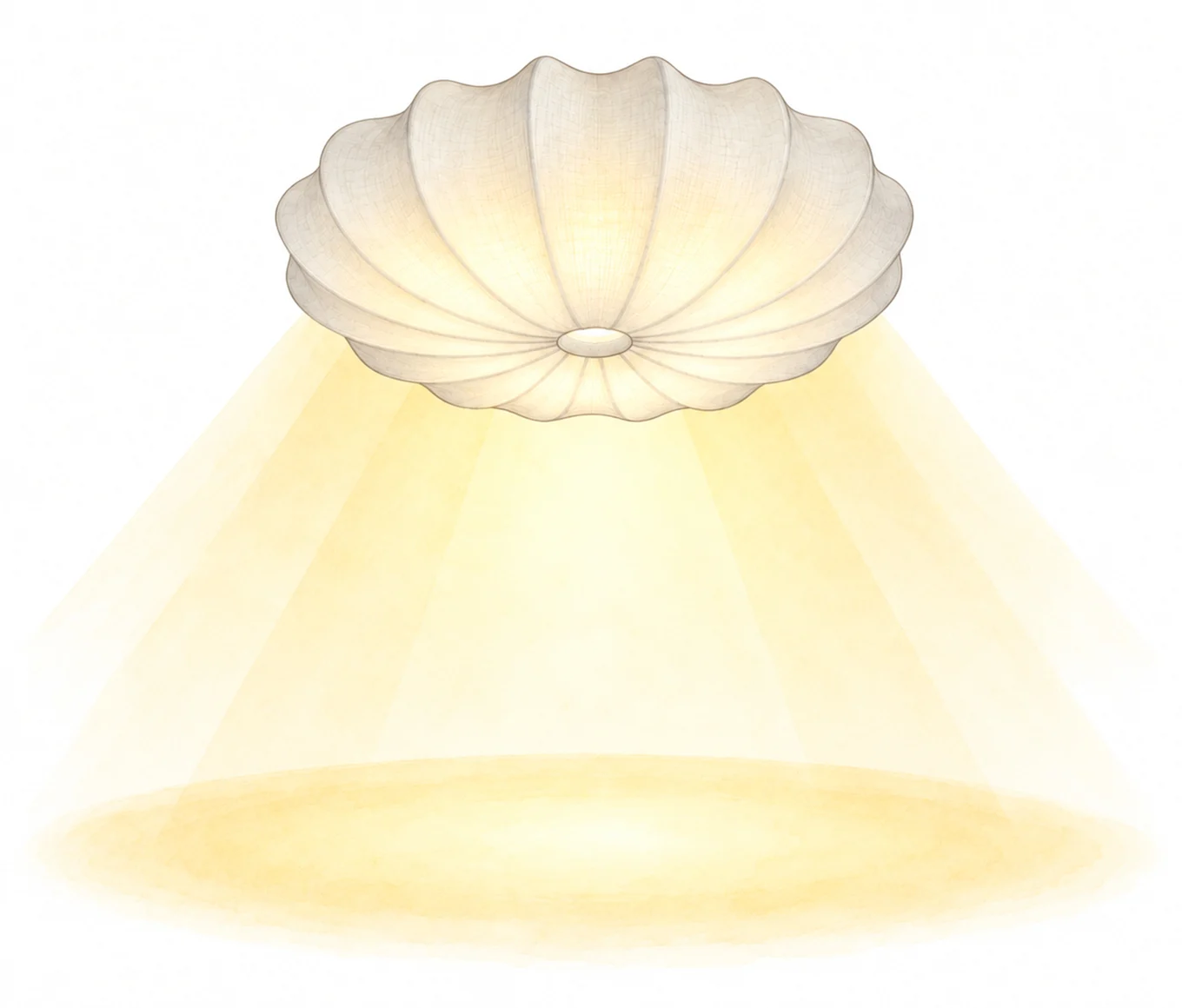 Eine plissierte, cremefarbene Deckenlampe wirft warmes, goldenes Licht auf eine kreisförmige Fläche darunter.