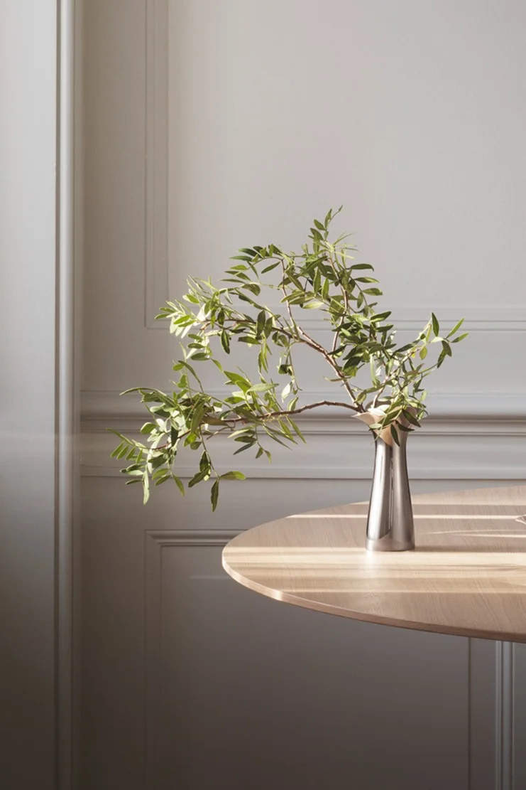 Silbervase mit grünen belaubten Zweigen auf einem hellen Holztisch, Sonnenlicht wirft Schatten auf Tisch und Wand mit Zierleisten.