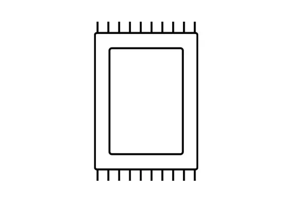 Umriss eines rechteckigen Teppichs mit Fransen oben und unten.