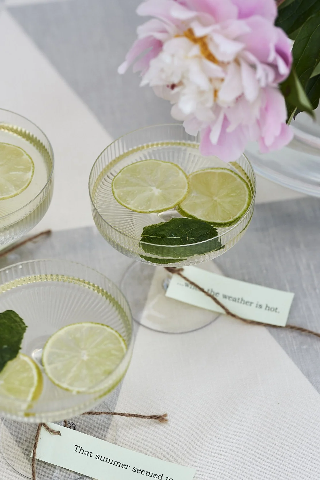 Auf der Gartenparty wird ein erfrischender Sommerdrink aus Sektgläsern von Ferm Living serviert.