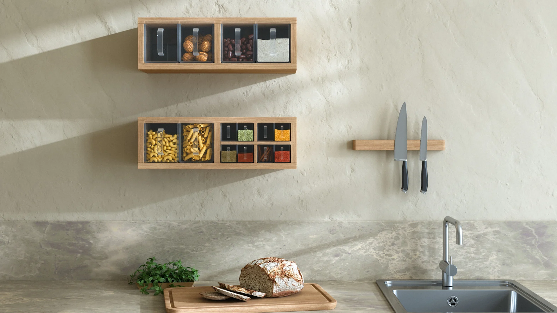 Eine moderne Küche mit Holzregalen für Trockenwaren, einer Metallspüle und einem rustikalen Brot auf einem Schneidebrett.