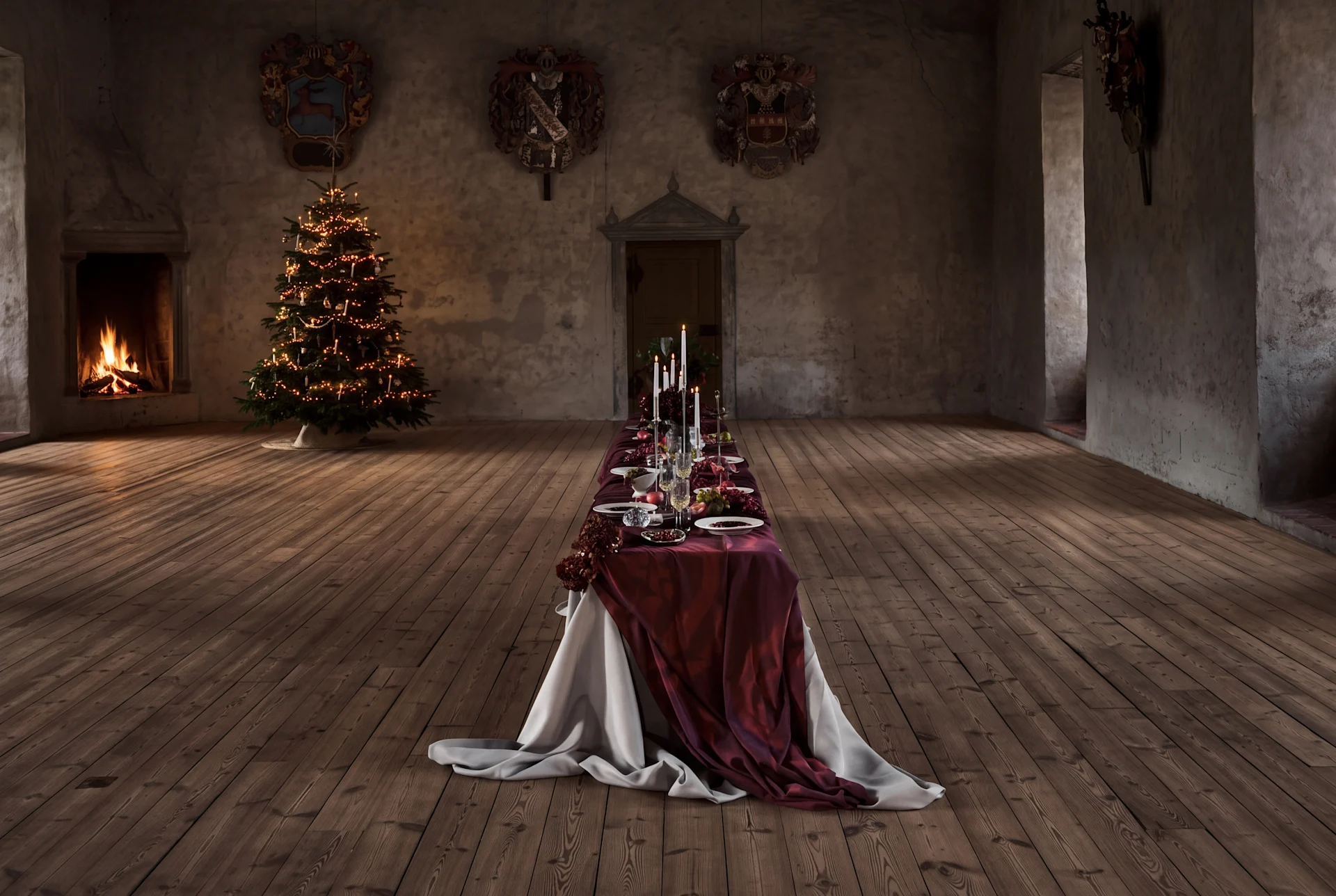 Langer Esstisch für ein Weihnachtsfest in einer großen Halle mit Kamin und Weihnachtsbaum.