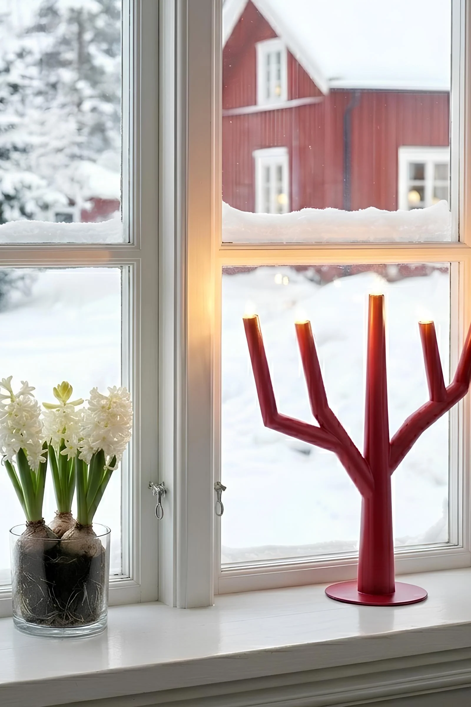 Weiße Hyazinthen und ein roter, verzweigter Kerzenständer mit fünf brennenden Kerzen auf einer verschneiten Fensterbank mit rotem Haus draußen.