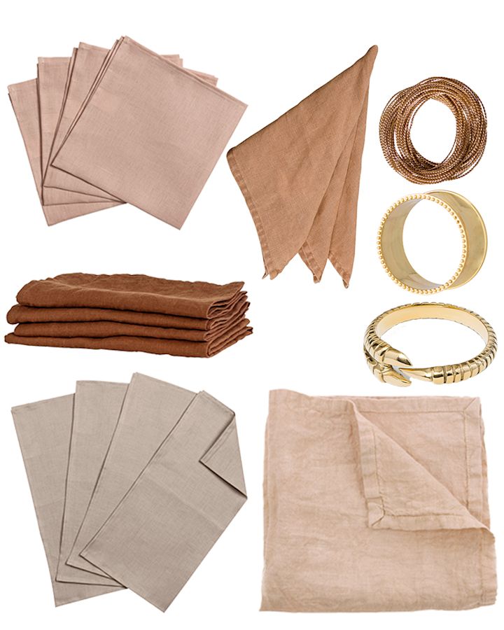 Rosafarbene, beigefarbene und braune Leinenservietten mit Serviettenringen aus Messing oder Gold sind eine tolle Kombination, wenn Ihr Neujahrstisch ein goldenes Thema hat.