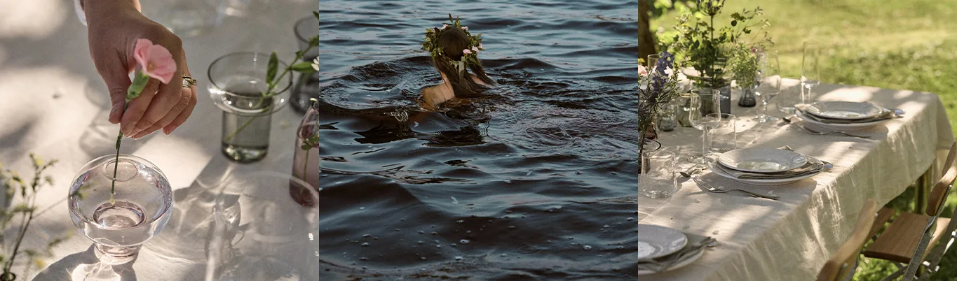 Ein Triptychon: Hand platziert rosa Blume in Vase, Person mit Blumenkranz im Wasser, gedeckter Tisch im Freien.