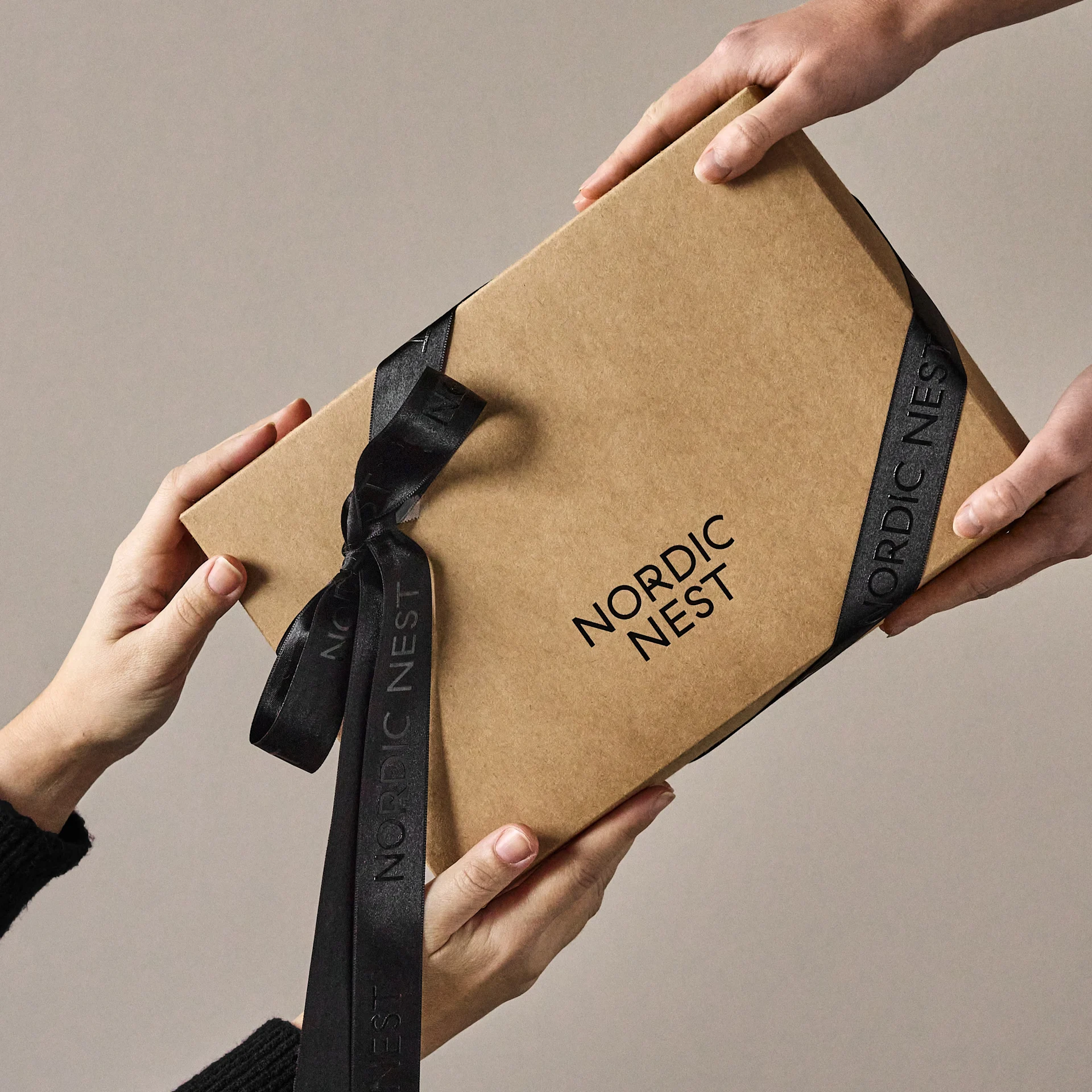 Hände tauschen eine braune Geschenkbox mit 'Nordic Nest'-Logo und schwarzem Band aus.